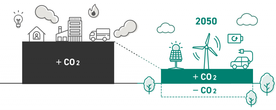「温室効果ガスの排出量」ー「森林などによる吸収量」＝「0（ゼロカーボン）」の画像